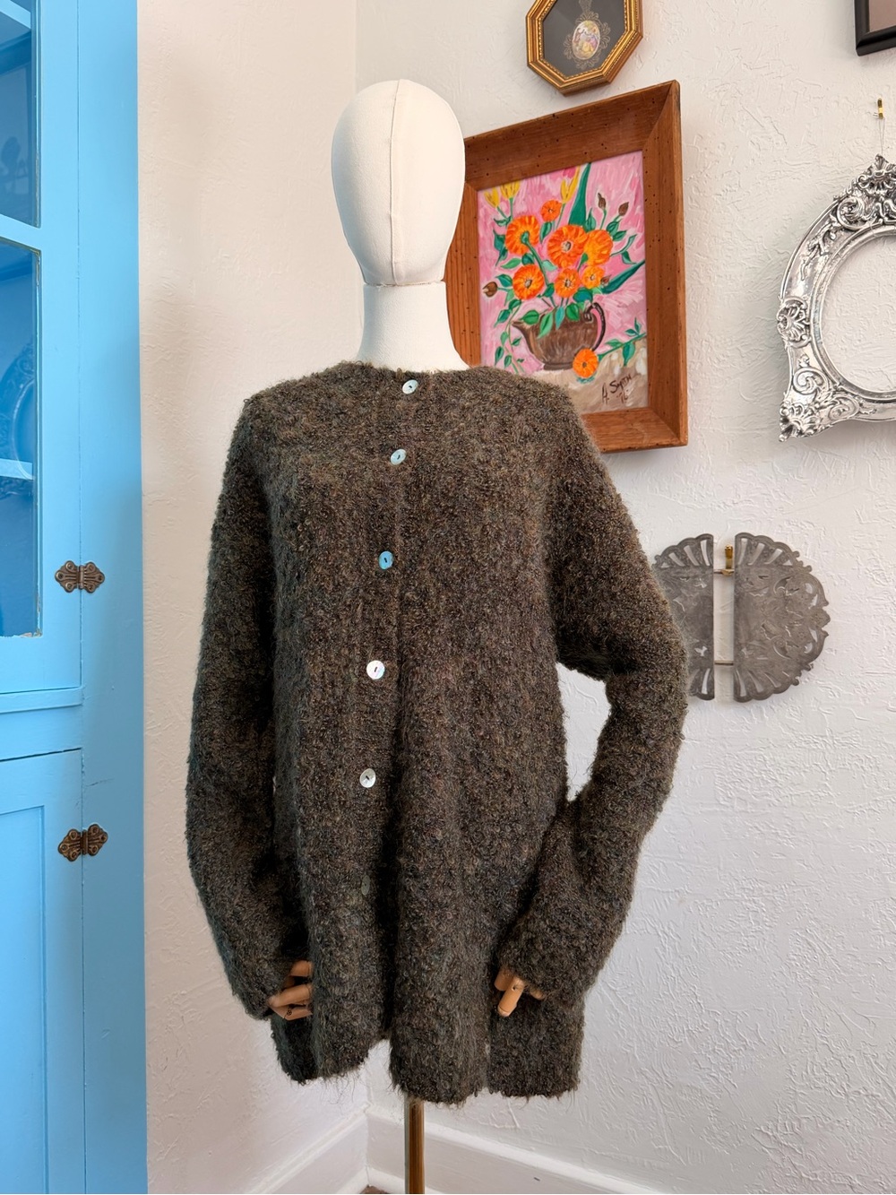 Vintage 90s Fuzzy Jones New York Mohair & Wool Olive Long Cardigan Size L